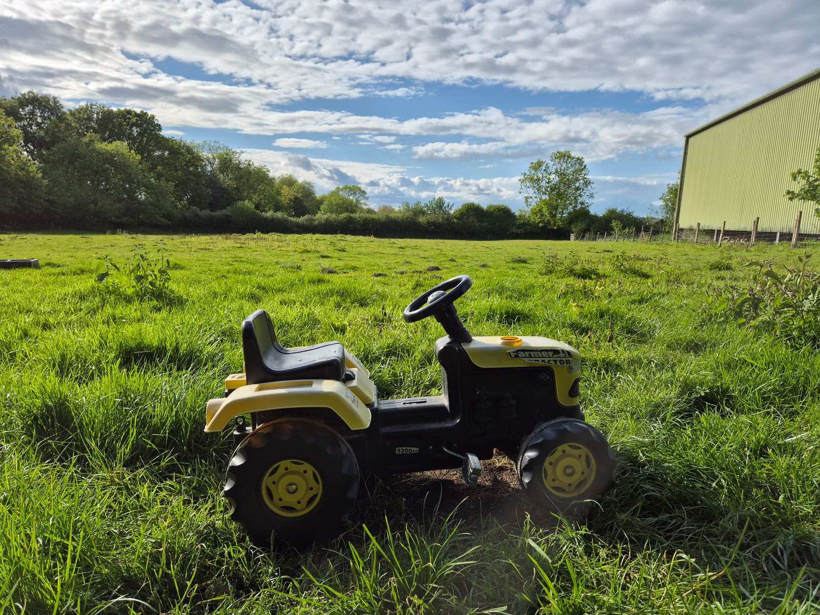 Child's ride-on tractor in the meadow
